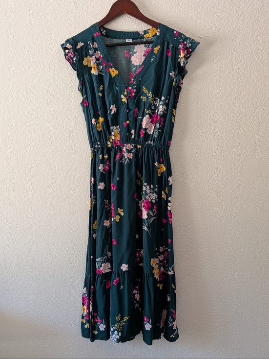 Old Navy Dresses & Skirts - Old Navy Green Pink Floral Ruffle Sleeve Midi Dress Size Small